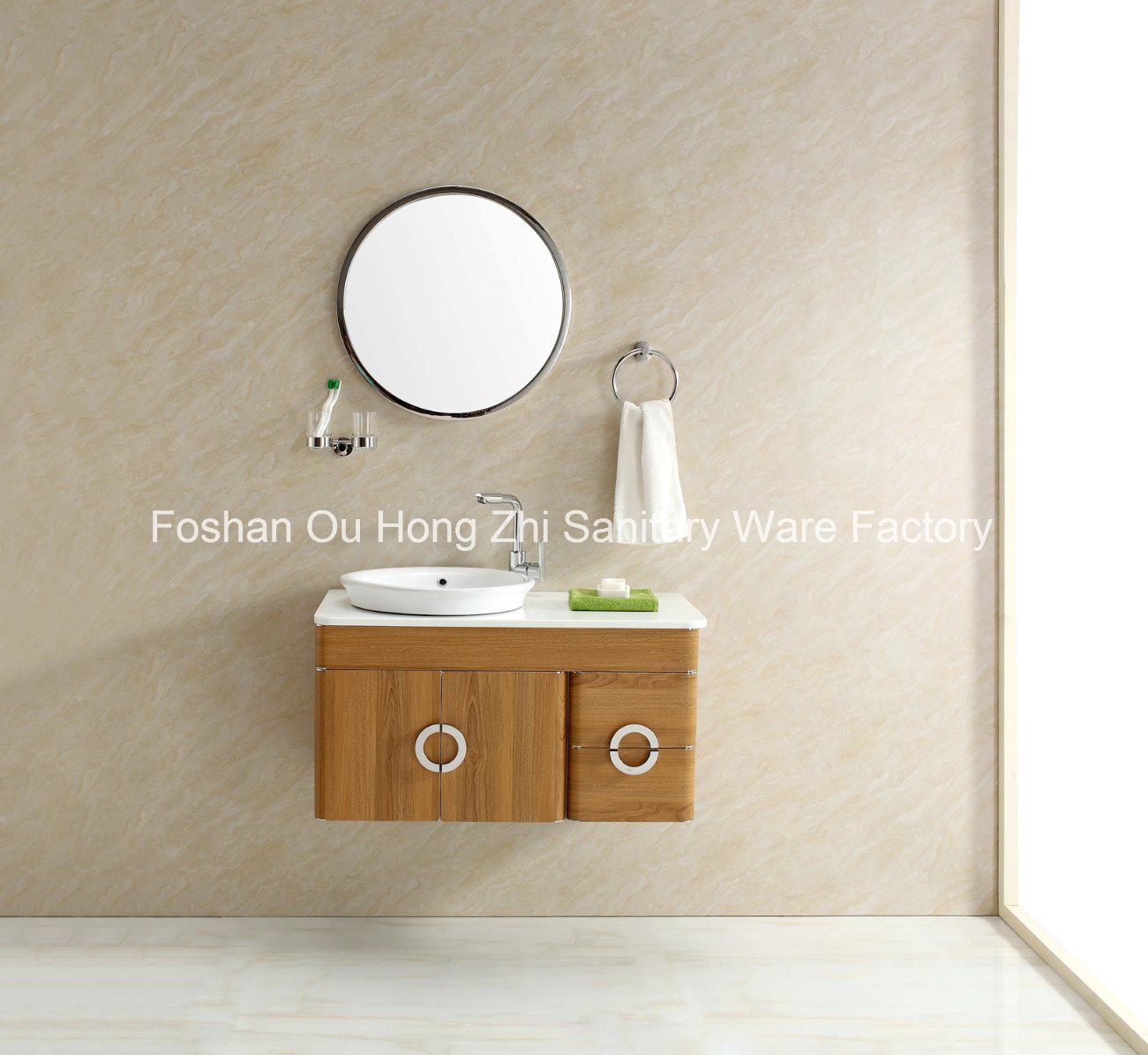 Modern Hot Sale Wooden Pattern Bathroom Vanity Cabinet with Circle Mirror