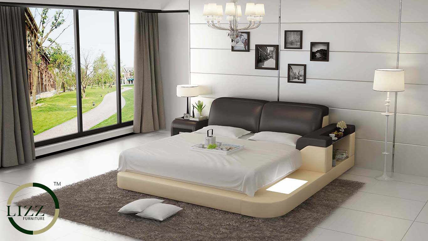 Modern LED Lighting Genuine Leather Bed with Bedside Table