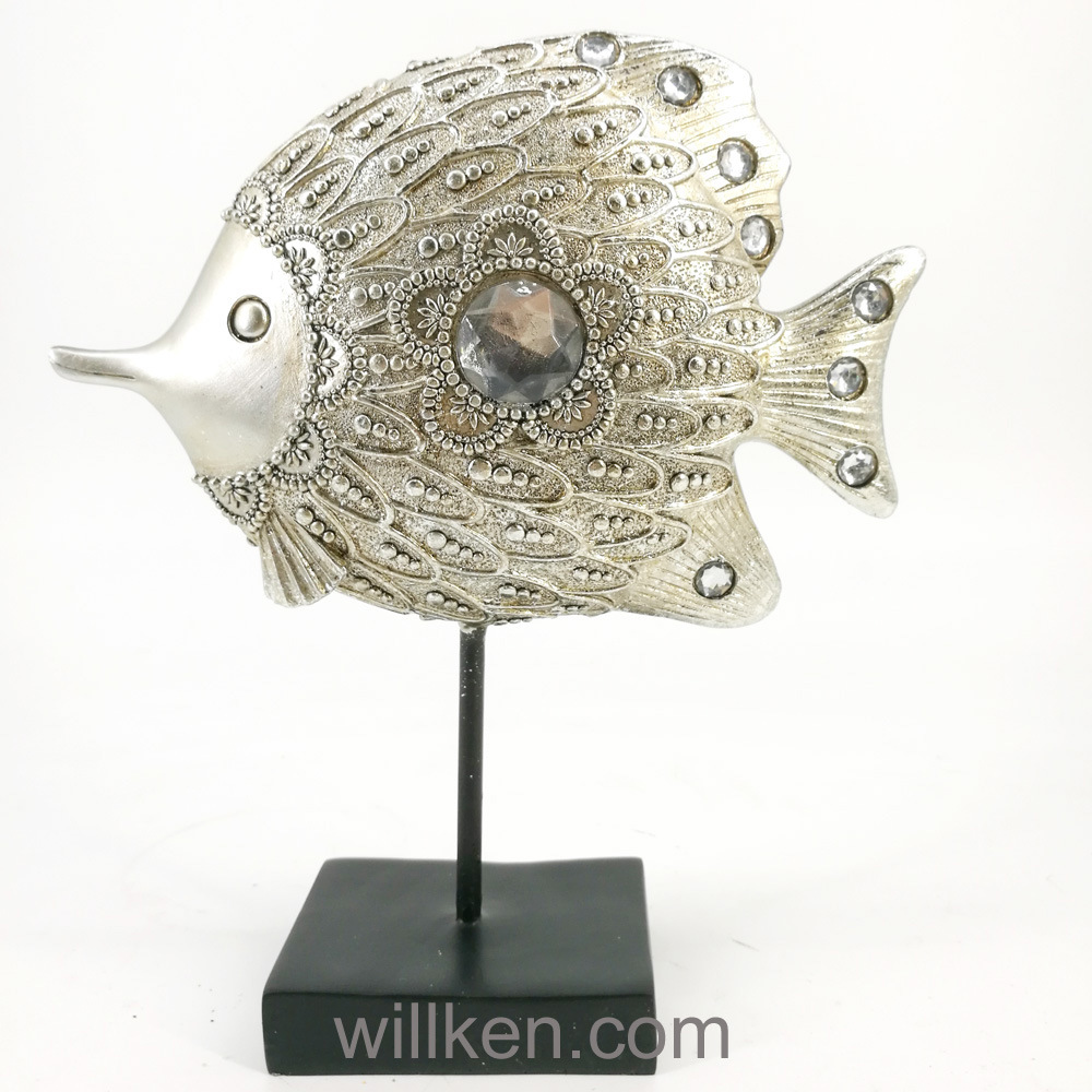 Resin Ocean Decor Silver Fish Statue on a Metal Stand