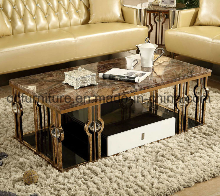 Luxury Coffee Table with Golden Frame and Glass Ball Decoration