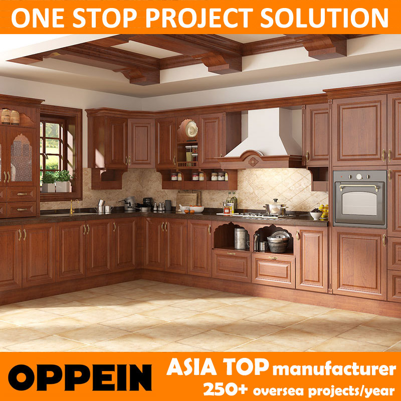 Oppein India Style L Shape Brown PVC Wood Modular Kitchen Cabinet (OP15-PP06)