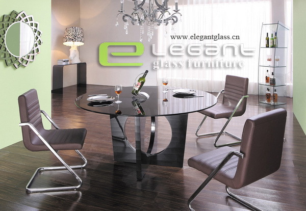 Modern Round Table with Black Glass Top in Dining Room Furniture