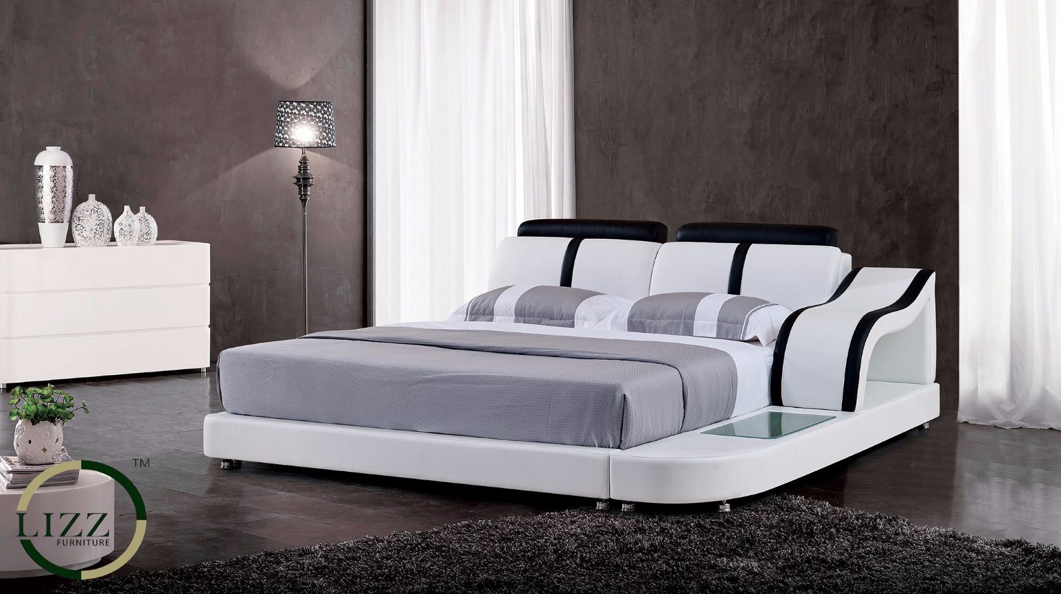 Divany White Leather Double Bed with LED Lighting