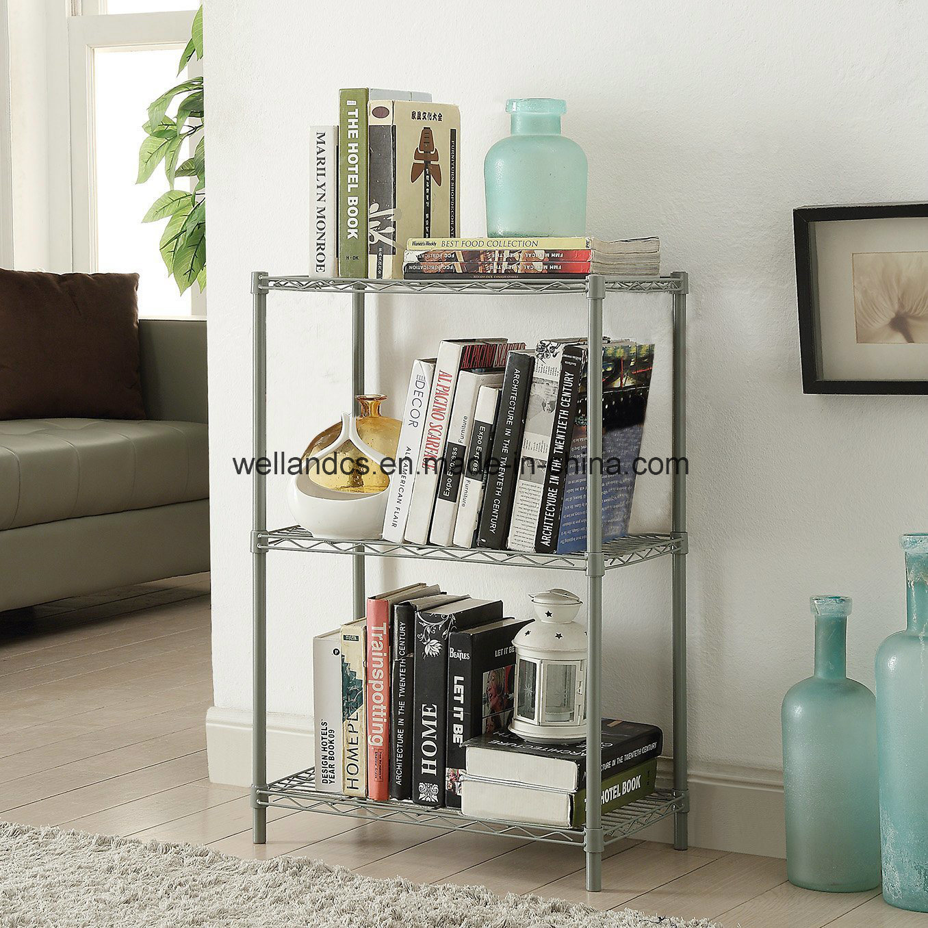 Epoxy Grey 3 Tier Livingroom Open Mini Book Storage Metal Wire Rack Shelves Stand