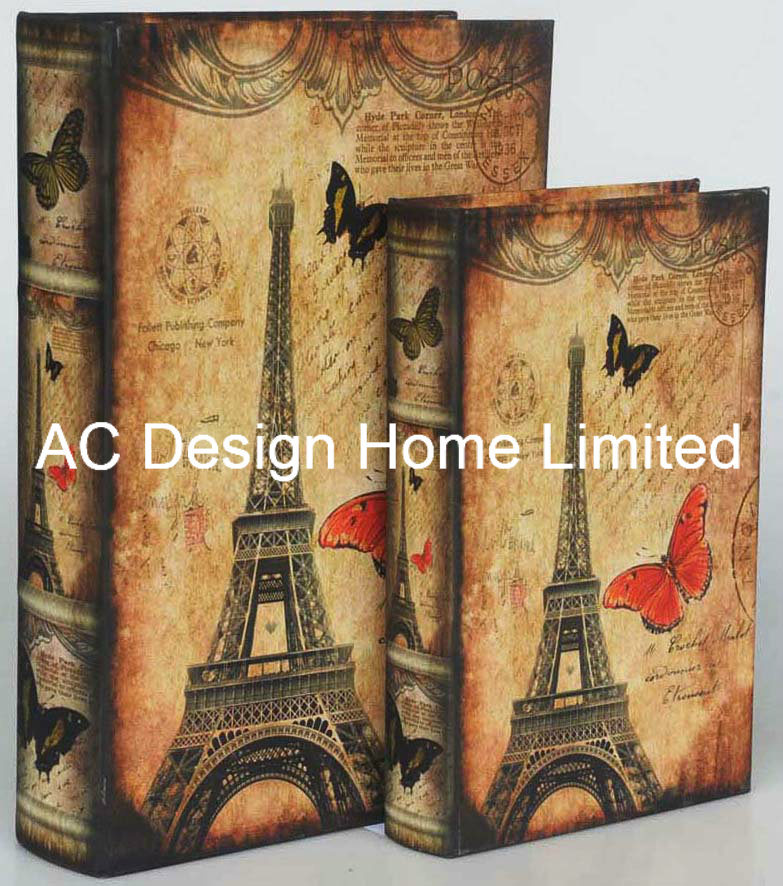S/2 Elegant Eiffel Tower Design Canvas/MDF Wooden Printing Storage Book Box