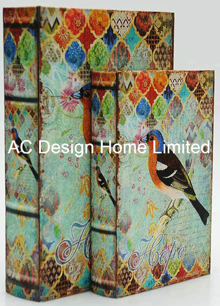 S/2 Cute Bird Design Canvas/MDF Wooden Printing Storage Book Box