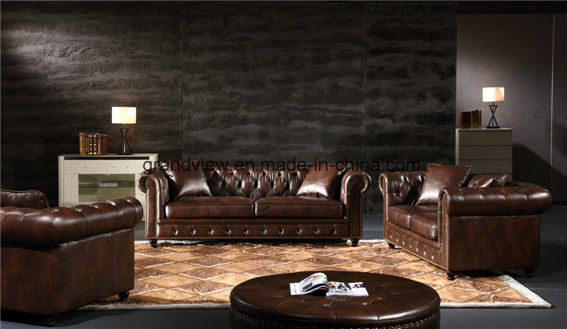 Classic Tufted Leather Victorian Sofa Set Brown Color