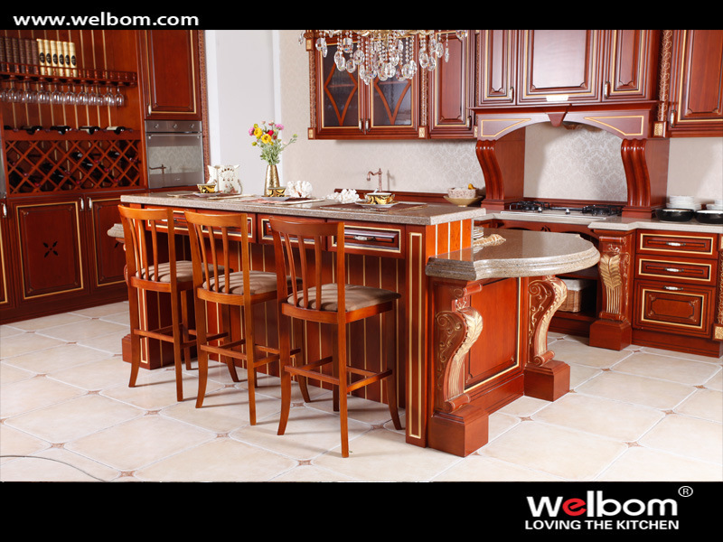 Welbom Dark Red Cherry Wood Family Professional Kitchen Cabinet Designs