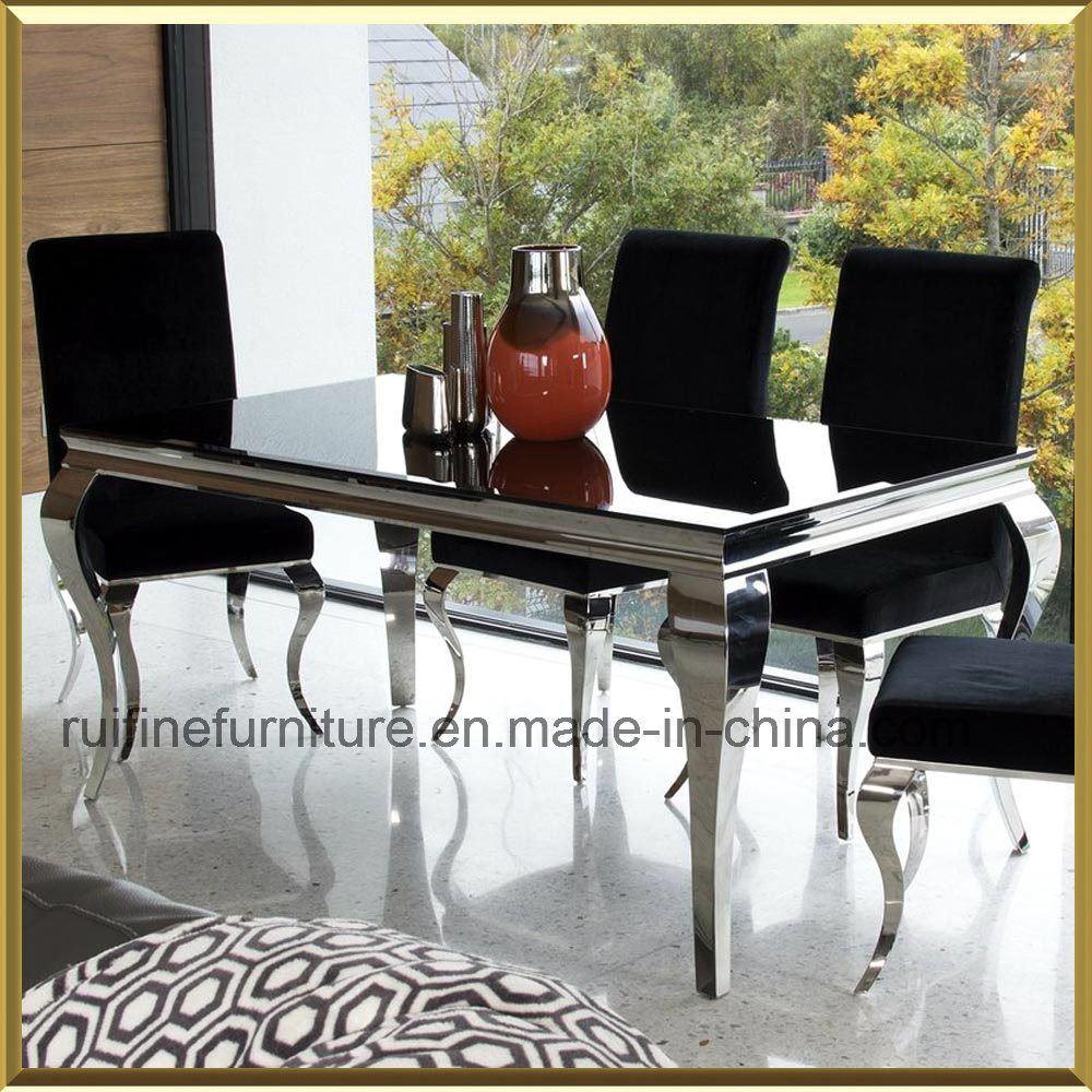 Modern Dining Room Furniture / Metal Contemporary Home Furniture for Dining Room / Glass Stainless Steel Louis Dining Table Set with Velvet Fabric Chairs