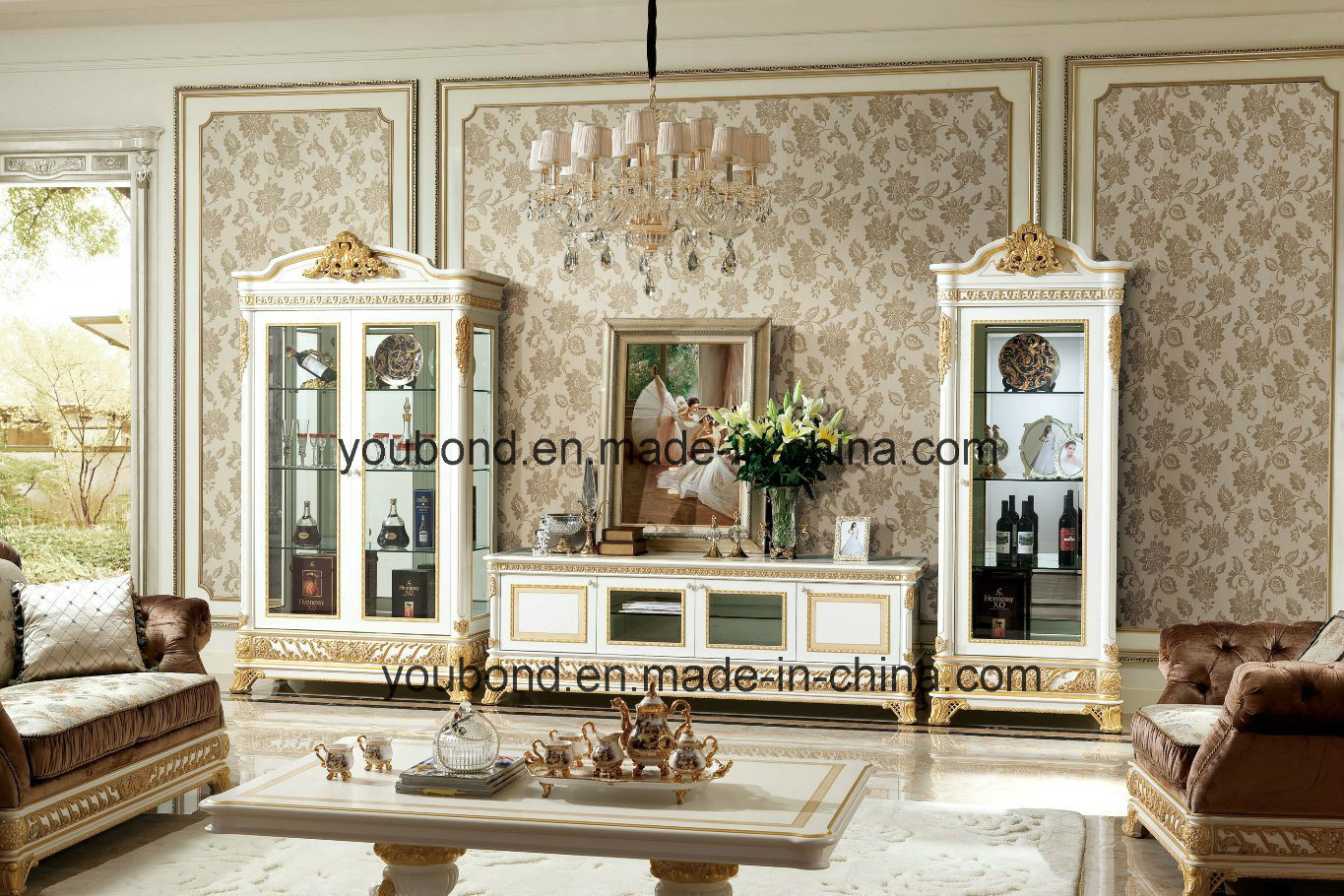 0062-1 Italian Solid Wood Luxury Antique White Living Room Cabinet