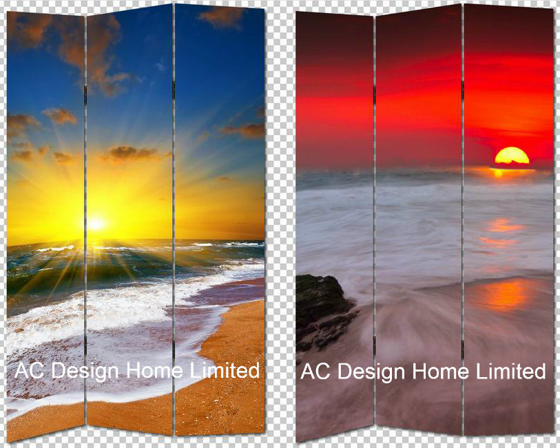 Sunset Beach Design Living Room Canvas and Wooden Printing Decorative Folding Screen Room Divider X 3 Panel