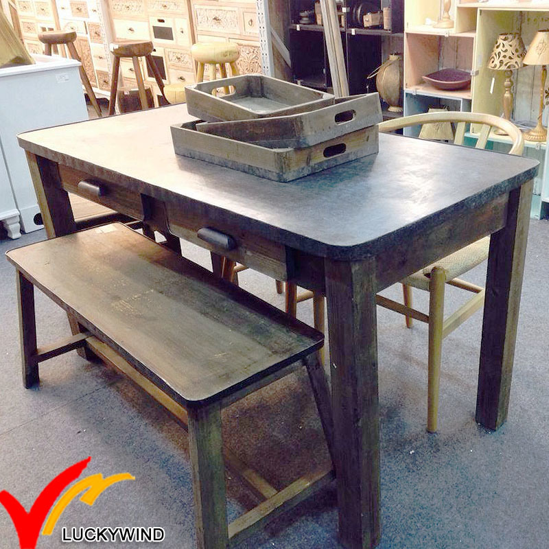 Farmhouse Vintage Industrial Furniture Antique Wood Dining Table with Zinc Top and Bench