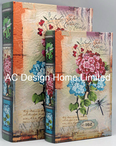 S/2 Elegant Floral Design PU Leather/MDF Wooden Printing Storage Book Box