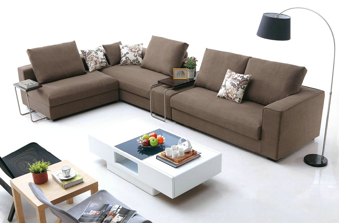 2015 New Design PU Leather and Fabric Combination Sofa, Left Chaise Lounge Sofa