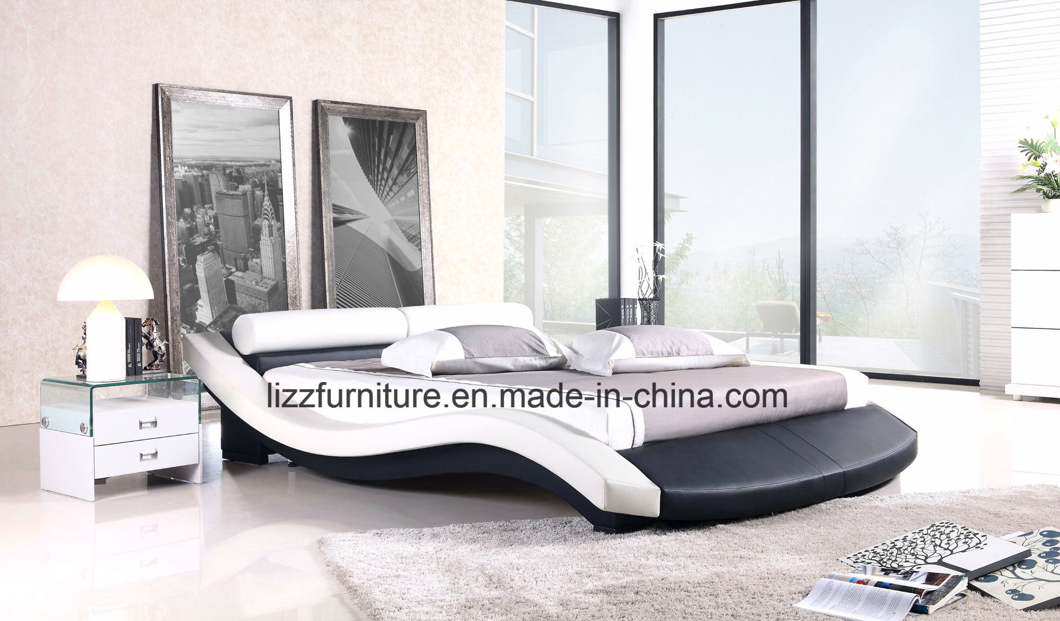 Modern Curved Shape Italy Leather Bedroom Bed