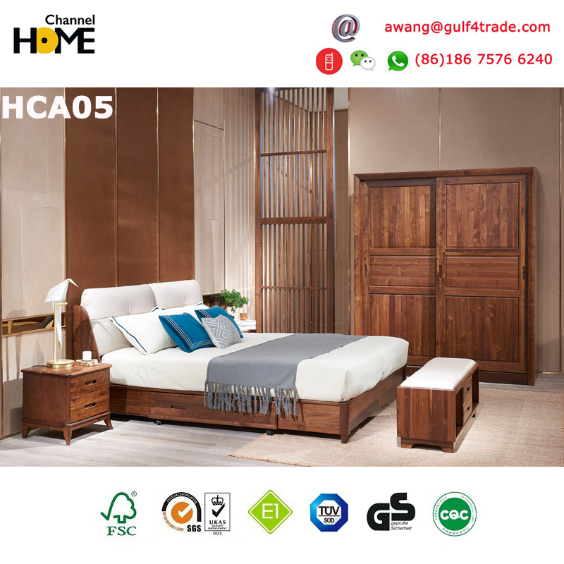 Oak Wood Classical Bedroom Furniture Leather Bed with Storage Drawers (HCA05)