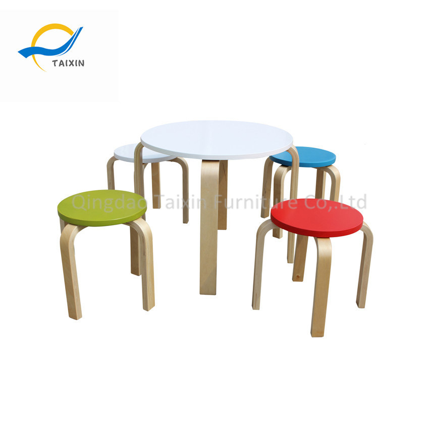 Kindergarden Wooden Dining Table with Stackable Stools