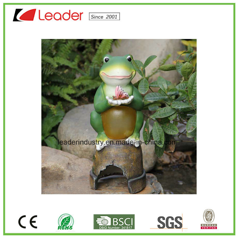 Polyresin Figurine Frog Figurine with Butterfly Solar Lights for Garden Decoration