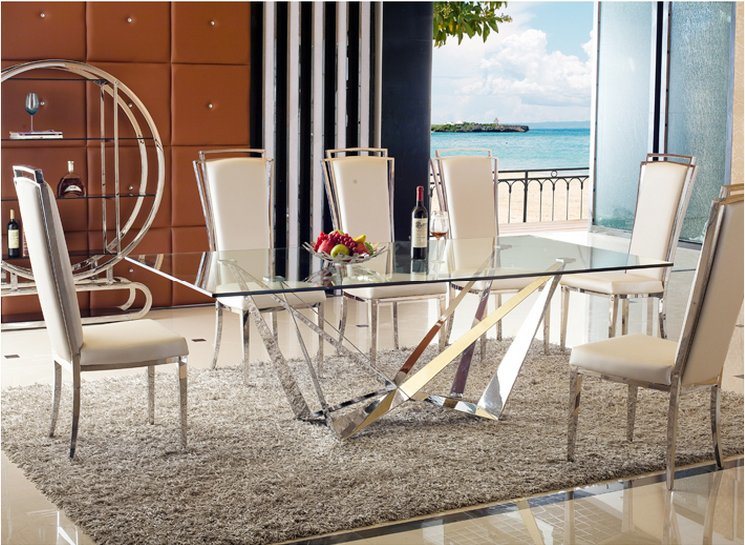 2018 European New Style Modern Metal Glass Dining Table Set and Pool Chair Fabric