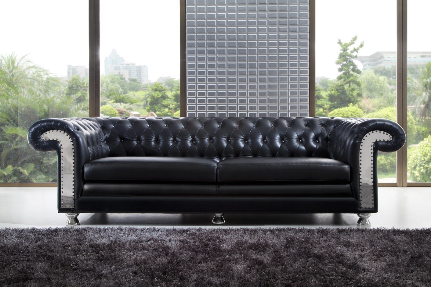 Black Leather Button Sofa 3-Seaters, Stainless Steel Legs Sofa Yh-136