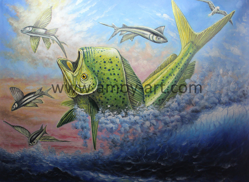Handmade Jumping Mahi Marine Life Oil Painting on Canvas for Home Decor
