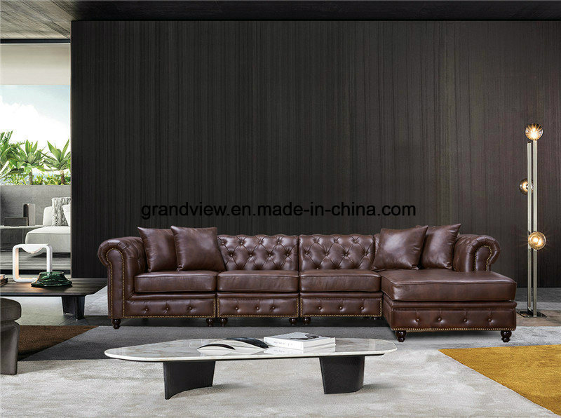 2018 New Classic Chesterfield Secltiona Leather Sofa with Chaise