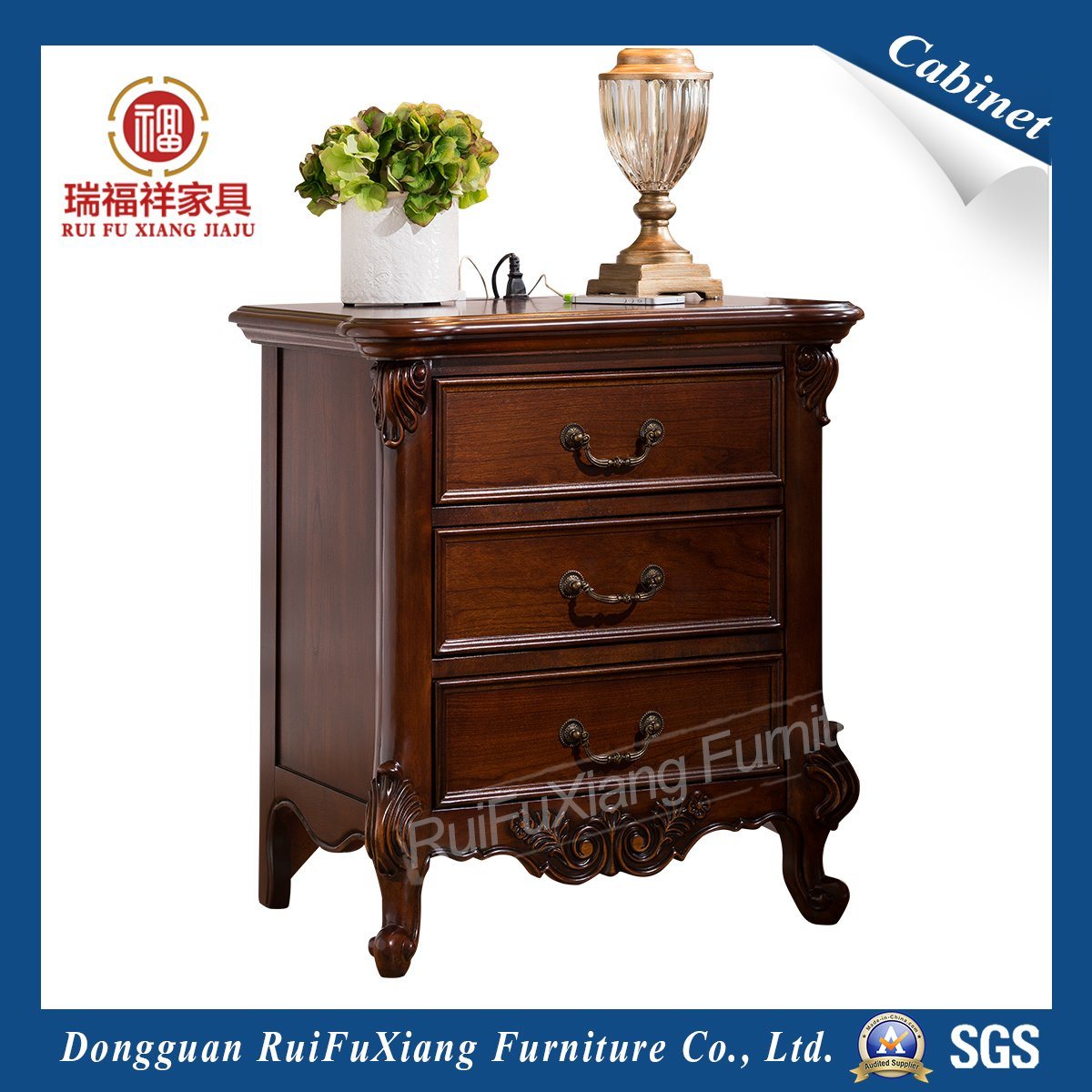 Ruifuxiang Hand Carved Oak Color Wooden Bedside Table (C209)