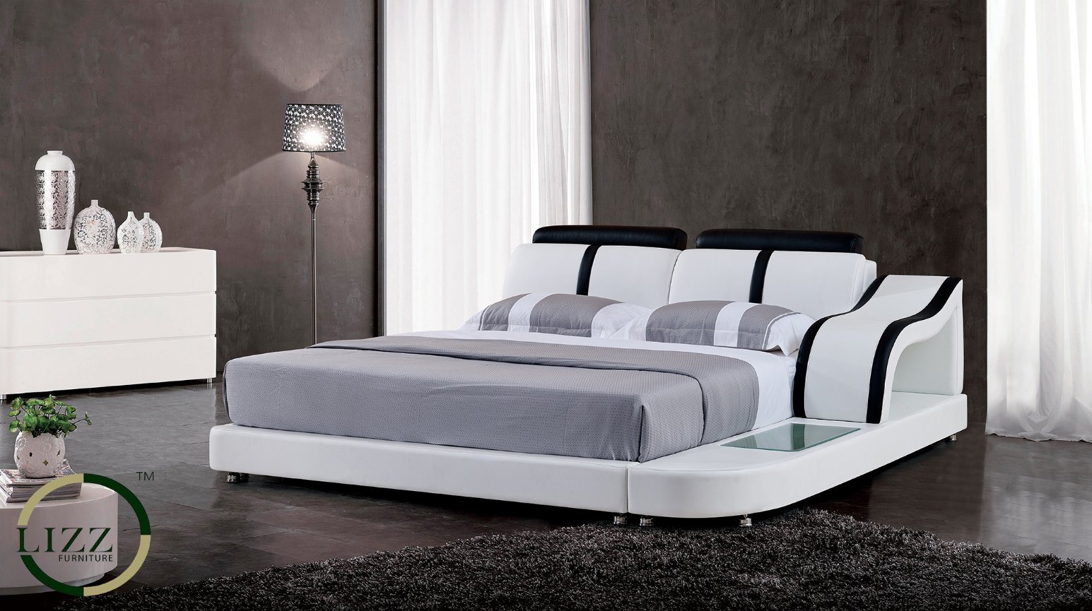 Medium Headborad Contemporary Leather Bed With LED Lighting