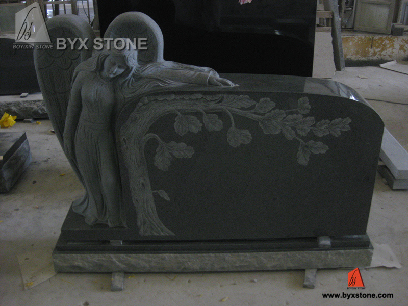 Dark Grey Granite Standing Angel Carving Headstone / Monuments