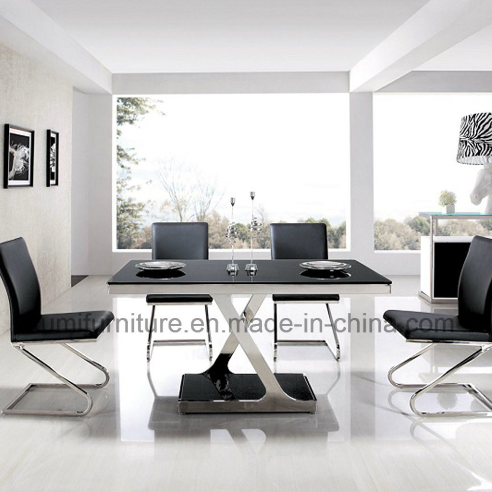 Modern Style Black Glass Dining Table with Stainless Steel Frame