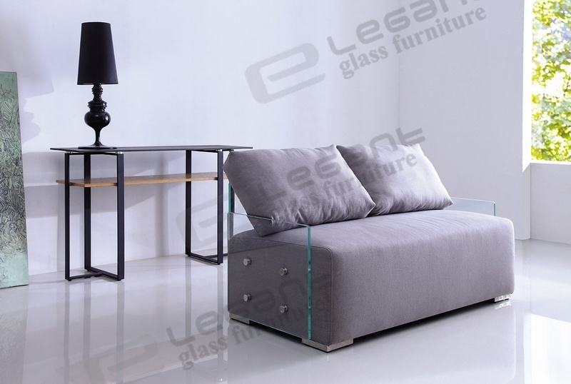 Tempered Glass Sofa with Grey Fabric Seat
