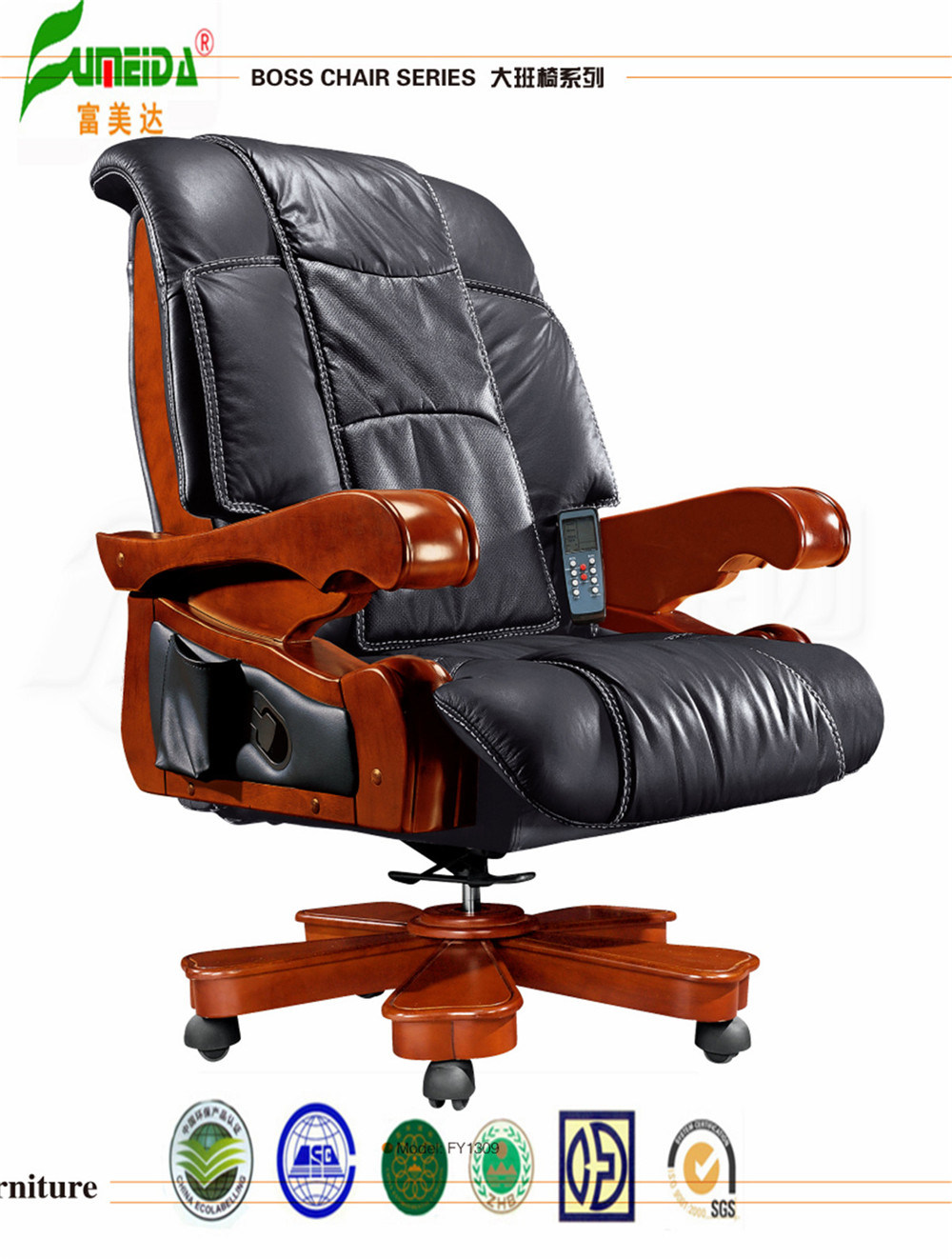 Swivel Leather Executive Office Chair with Solid Wood Foot (FY1309)