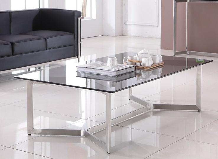 Glass Coffee Table with Stainless Steel Base, Living Room Furniture