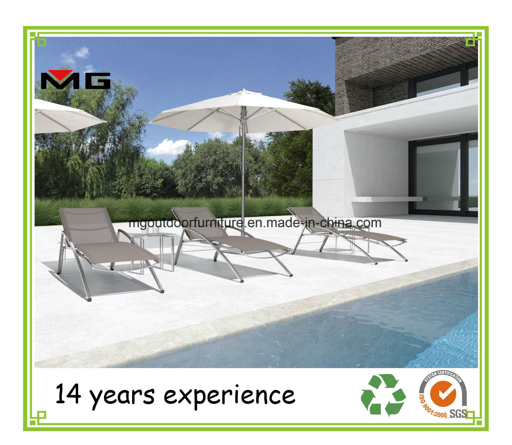 Adjustable Stainless Steel Outdoor Chaise Lounges with Teak Armrest