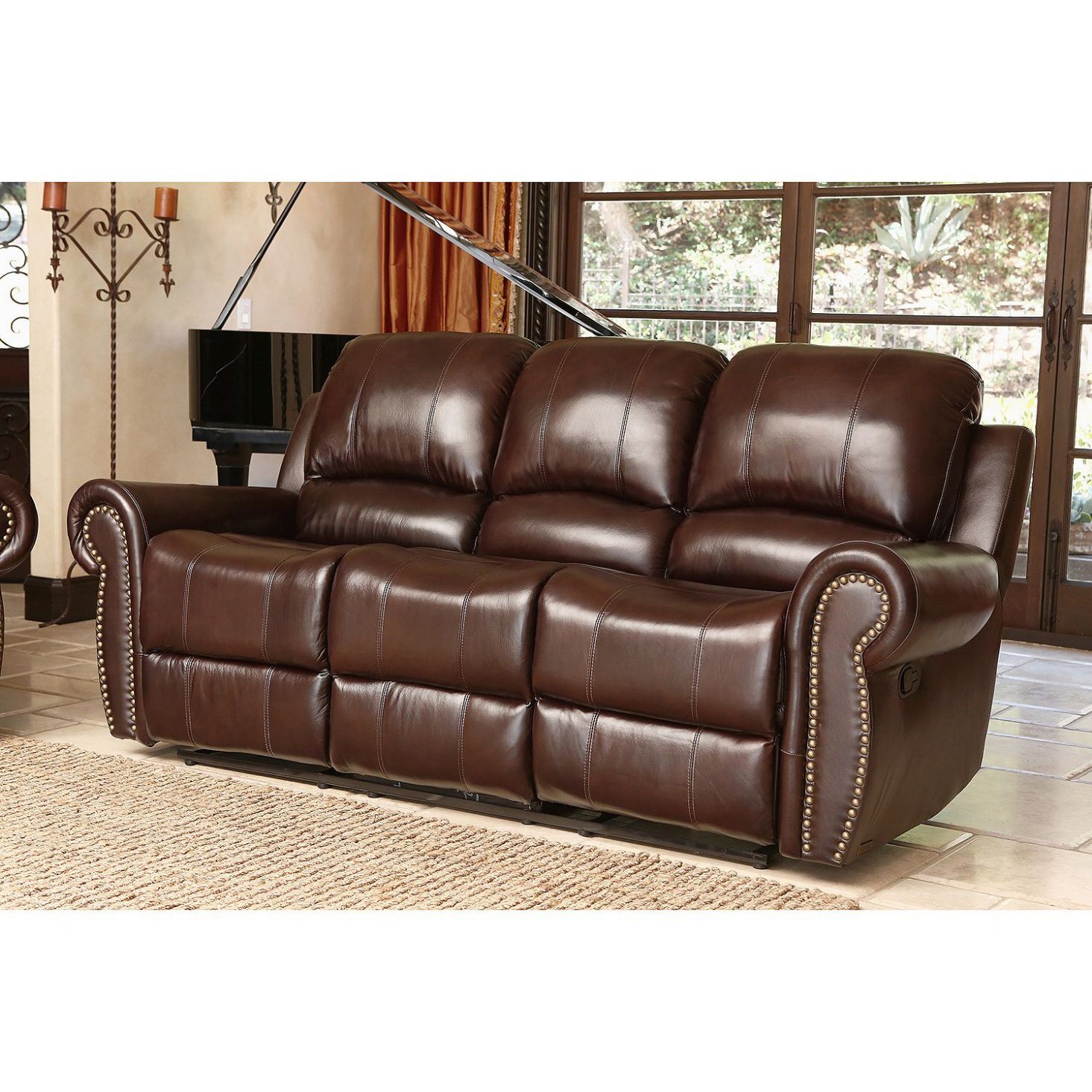 Home Theater Manual Top-Grain Leather Reclining Sofa with Nailhead Trim