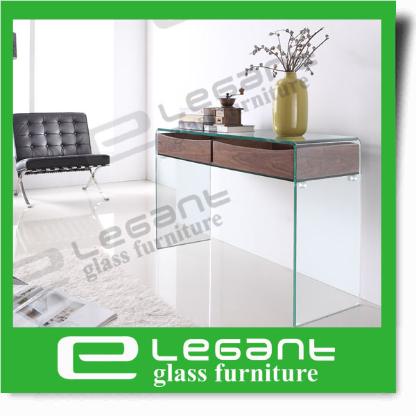 Modern Glass Console Desk with Ash Wood Veneer Drawers