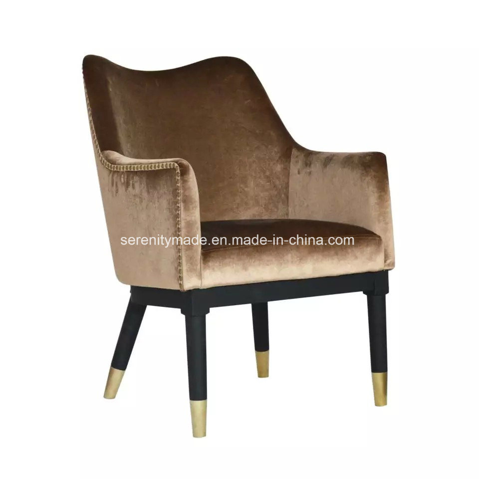MID-Century Modern Armrest Bottom Tufted Fabric Chair with Polished Brass Legs