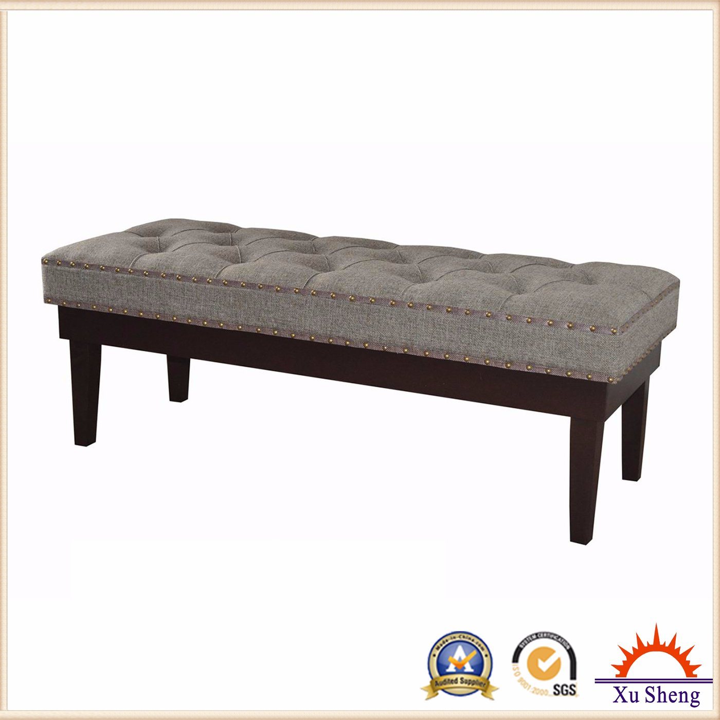 Large Linen Ottoman Bench with Nailhead Trim and Expresso Kd Legs