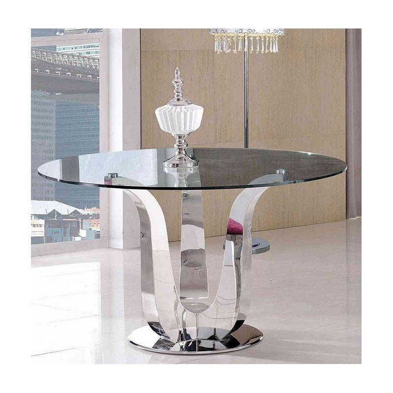 Modern Stainless Steel Round Clear Glass Top Dining Table