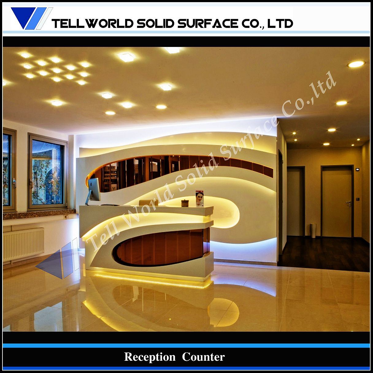 Modern Unique Beauty Standing Luxury LED Marble Acrylic Solid Surface Reception Desk Dimensions Design (TW-MART-026)