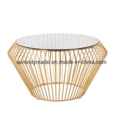 Modern Living Room Furniture Round Glass Top Golden Wire Coffee Table
