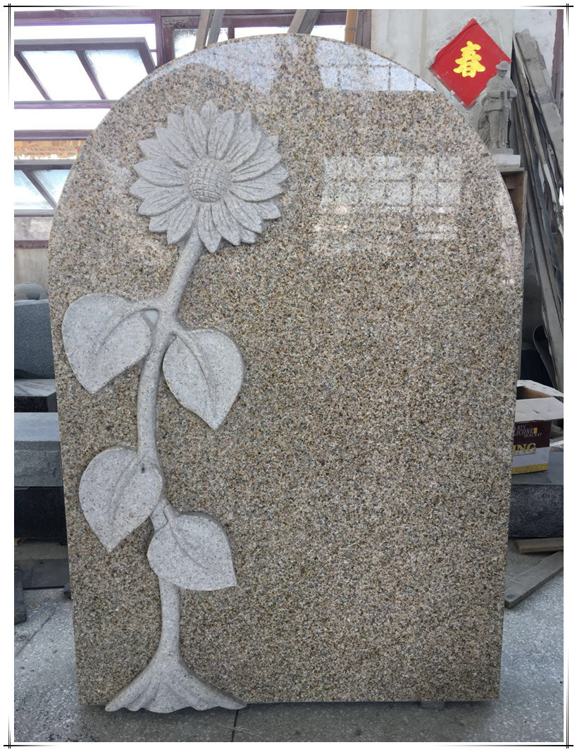 Top Design Flowers Carving Tombstone Headstone Yellow Granite