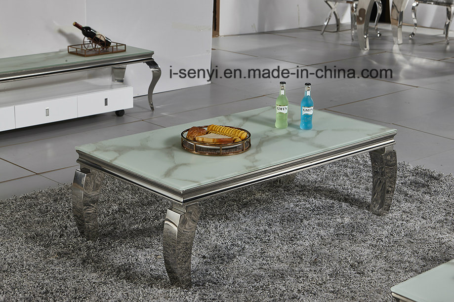 Modern Living Room Furniture Imitated Wood Top or Glass Top Stainless Steel Coffee Table