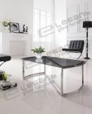 Grey Tempered Glass Coffee Table with Stainless Steel Base