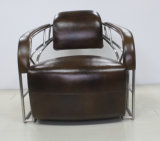 Vintage Brushed Stainless Steel Tube Armrest Leather Chair