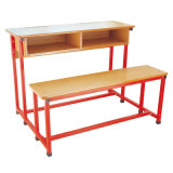 Wood Long School Desk for 2 Person with Book Case
