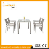 Rural Style Four People Brushed Aluminum Grey Textilene Tempered Glass Chair Table Set