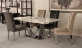 Modern Furniture Stainless Steel Cream White Marble Dining Table with Cream, Grey Cream Velvet Chairs