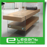 Clear Tempered Glass TV Stand with Ash Wood Veneer MDF Top
