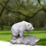 a Big Marble Bear Statue Sculpture with Looking for Fish